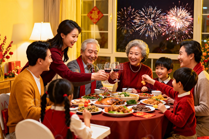 高清大图下载【趣麦麦图】春节家庭聚餐举杯庆团圆