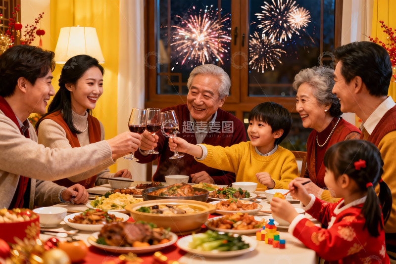高清大图下载【趣麦麦图】春节家庭聚餐举杯庆团圆