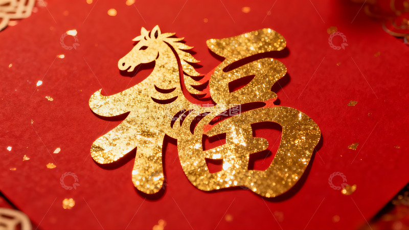 高清大图下载【趣麦麦图】红色背景上的金色剪纸马与福字