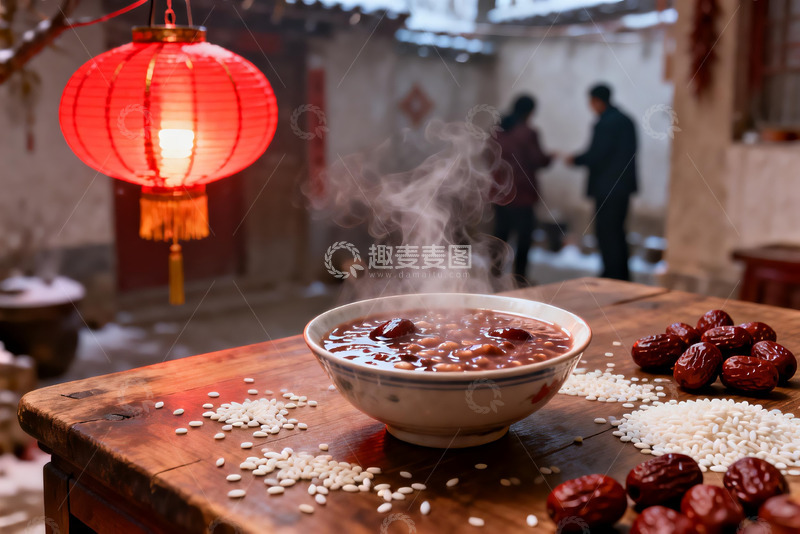 高清大图下载【趣麦麦图】热气腾腾的红豆粥与红灯笼