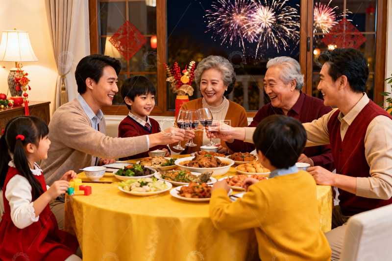 高清大图下载【趣麦麦图】家庭除夕夜团圆饭欢庆场景