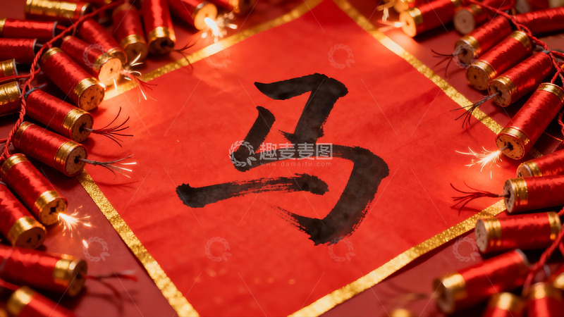 高清大图下载【趣麦麦图】春节烟花与书法马字