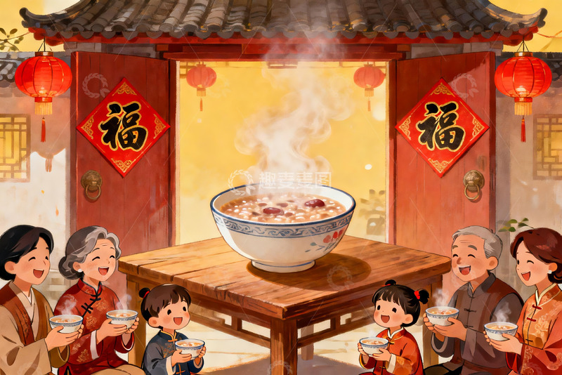 高清大图下载【趣麦麦图】传统家庭腊八节共饮粥