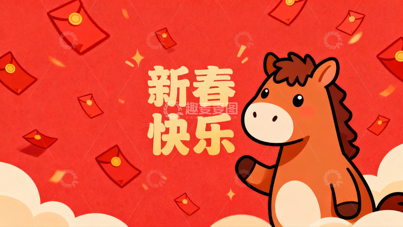 高清大图下载【趣麦麦图】卡通马迎新春红包飞舞