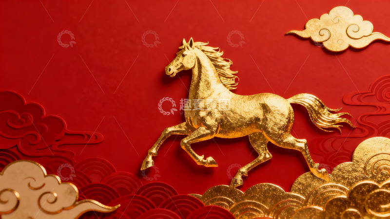 高清大图下载【趣麦麦图】金色骏马跃云红背景图