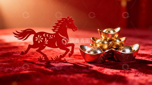 红色剪纸马与金元宝摆件