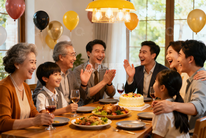 高清大图下载【趣麦麦图】家庭聚餐欢庆生日场景