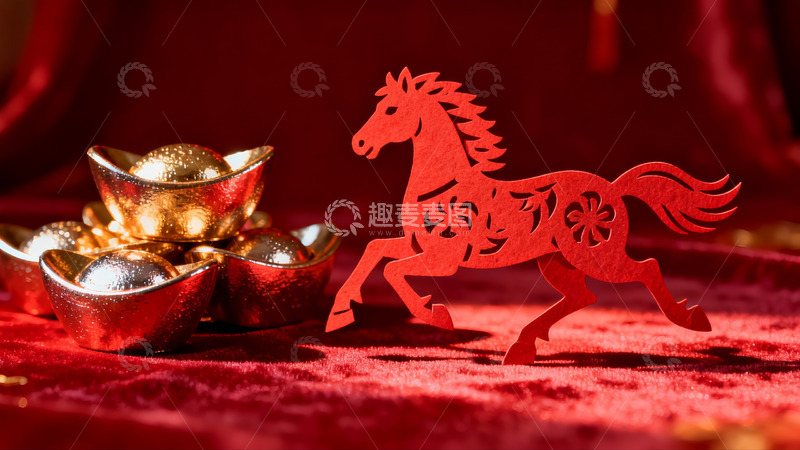 高清大图下载【趣麦麦图】红色剪纸马与金色元宝摆件