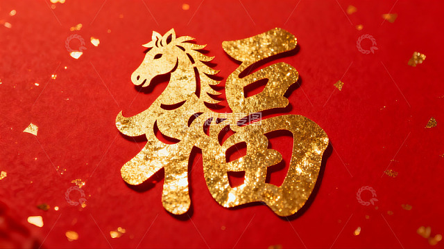 红色背景金色马福字剪纸