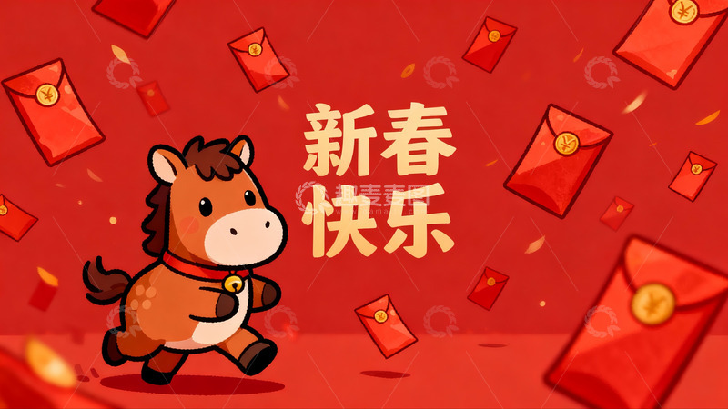 高清大图下载【趣麦麦图】卡通马迎新春红包飞舞