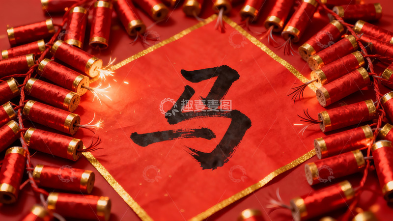 高清大图下载【趣麦麦图】春节鞭炮与书法马字