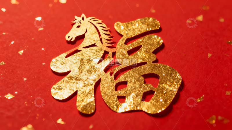高清大图下载【趣麦麦图】红色背景上的金色福字剪纸