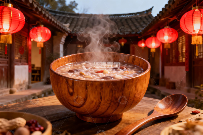 高清大图下载【趣麦麦图】热气腾腾的木碗粥与红灯笼