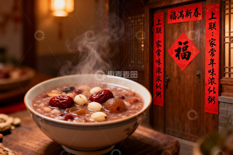 高清大图下载【趣麦麦图】热气腾腾的腊八粥与春节装饰