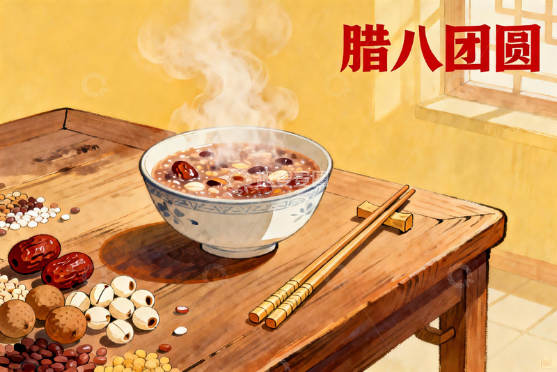 高清大图下载【趣麦麦图】热气腾腾的腊八粥与食材