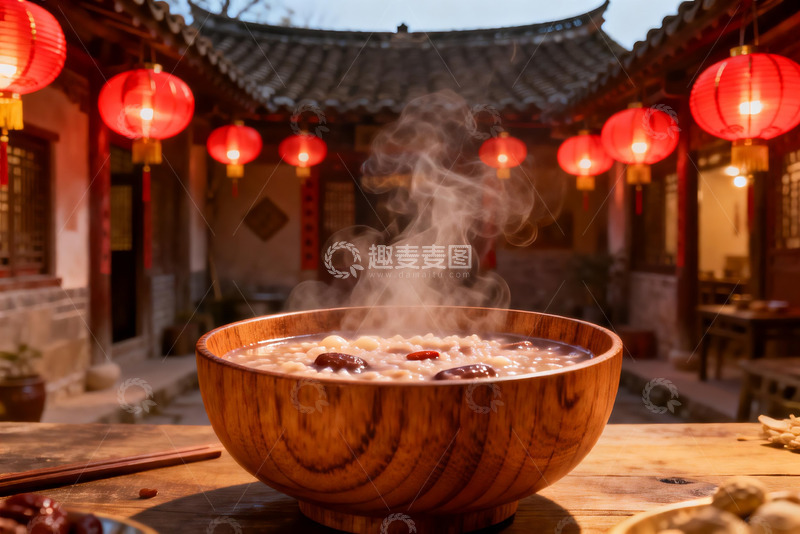 高清大图下载【趣麦麦图】古院红灯笼下热气腾腾的粥