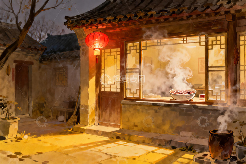 高清大图下载【趣麦麦图】古宅庭院夜景 红灯笼与热气腾腾