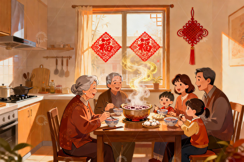 高清大图下载【趣麦麦图】温馨家庭围坐餐桌共进晚餐