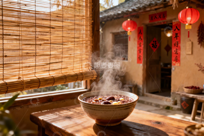 高清大图下载【趣麦麦图】热气腾腾的红豆粥与古朴庭院