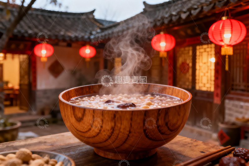 高清大图下载【趣麦麦图】热气腾腾的木碗粥与红灯笼