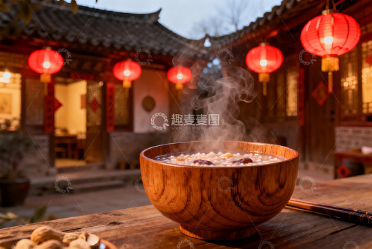 古院红灯笼下热气腾腾的木碗粥
