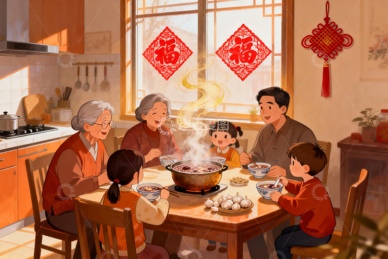 高清大图下载【趣麦麦图】温馨家庭围坐餐桌共进晚餐