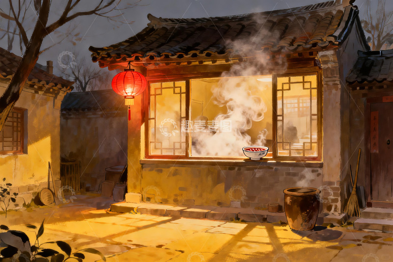 高清大图下载【趣麦麦图】古色古香庭院夜景 红灯笼与热气