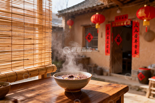 热气腾腾的粥与古朴庭院