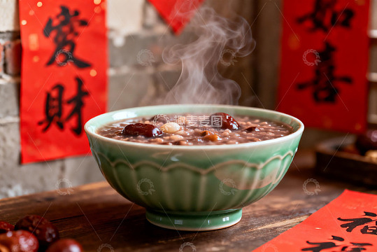 热气腾腾的腊八粥配红色对联