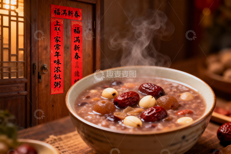 高清大图下载【趣麦麦图】热气腾腾的腊八粥与新春对联