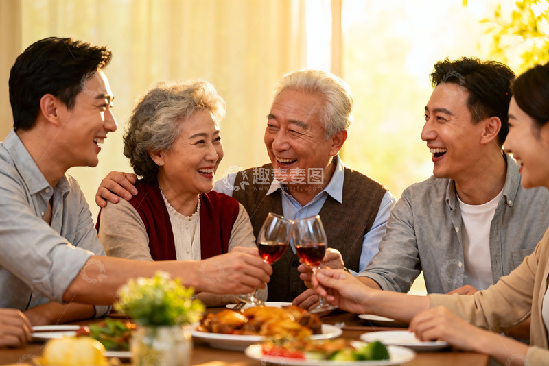 高清大图下载【趣麦麦图】三代同堂家庭聚餐欢庆时刻