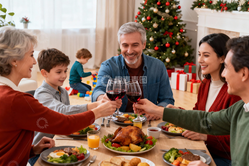高清大图下载【趣麦麦图】圣诞家庭聚餐举杯欢庆