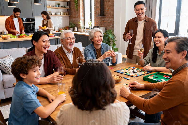 高清大图下载【趣麦麦图】家庭聚会欢聚一堂玩桌游