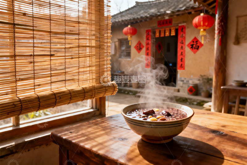 高清大图下载【趣麦麦图】热气腾腾的粥与传统庭院