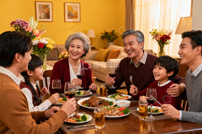 高清大图下载【趣麦麦图】三代同堂家庭聚餐温馨场景
