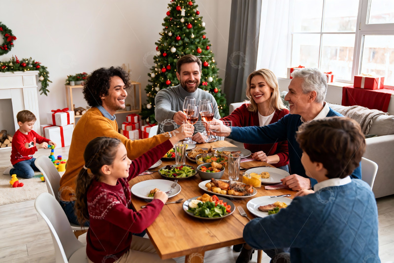 高清大图下载【趣麦麦图】圣诞家庭聚餐举杯欢庆