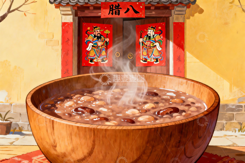 高清大图下载【趣麦麦图】腊八节传统粥品与门神装饰