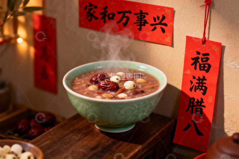 高清大图下载【趣麦麦图】热气腾腾的腊八粥配红色装饰
