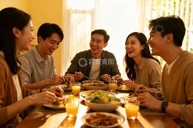 高清大图下载【趣麦麦图】五人围桌聚餐欢笑场景