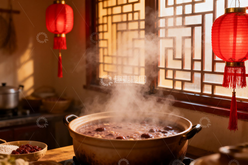 高清大图下载【趣麦麦图】中式厨房红灯笼下煮粥
