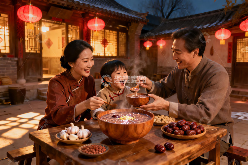 高清大图下载【趣麦麦图】传统庭院家人共进晚餐其乐融融