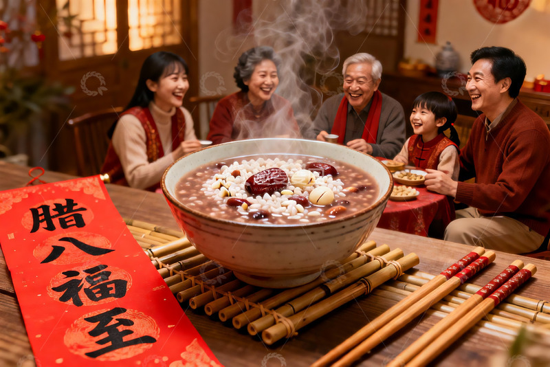 高清大图下载【趣麦麦图】家人围坐吃腊八粥其乐融融