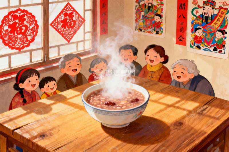 高清大图下载【趣麦麦图】全家围坐吃腊八粥其乐融融