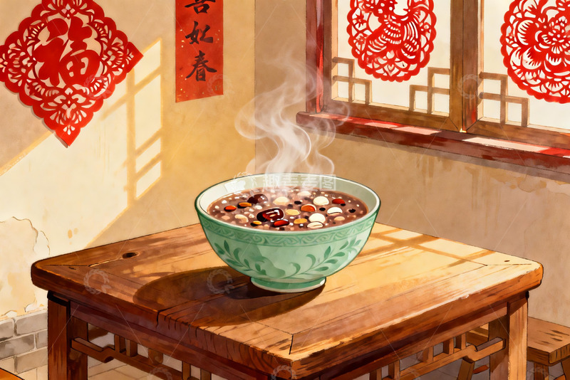 高清大图下载【趣麦麦图】热气腾腾的八宝粥与春节装饰