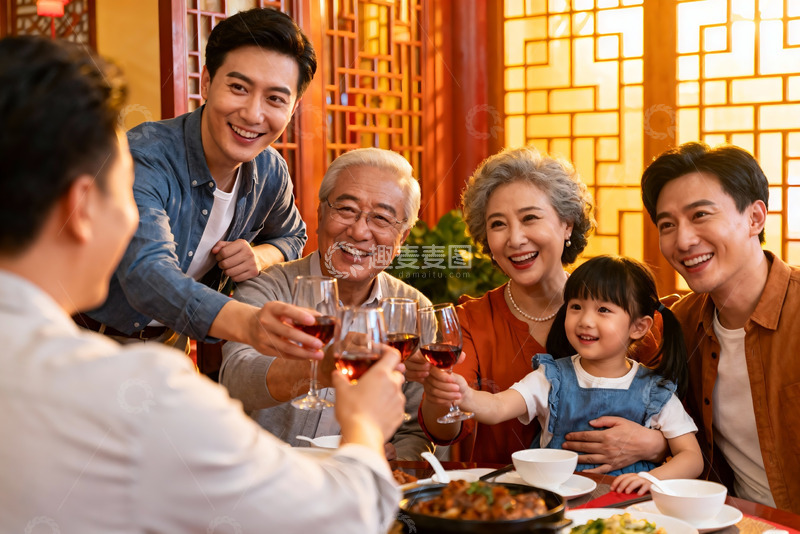 高清大图下载【趣麦麦图】家庭聚餐举杯欢庆