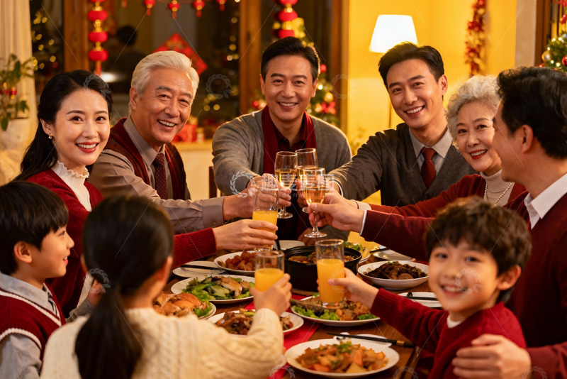 高清大图下载【趣麦麦图】温馨家庭聚餐举杯欢庆