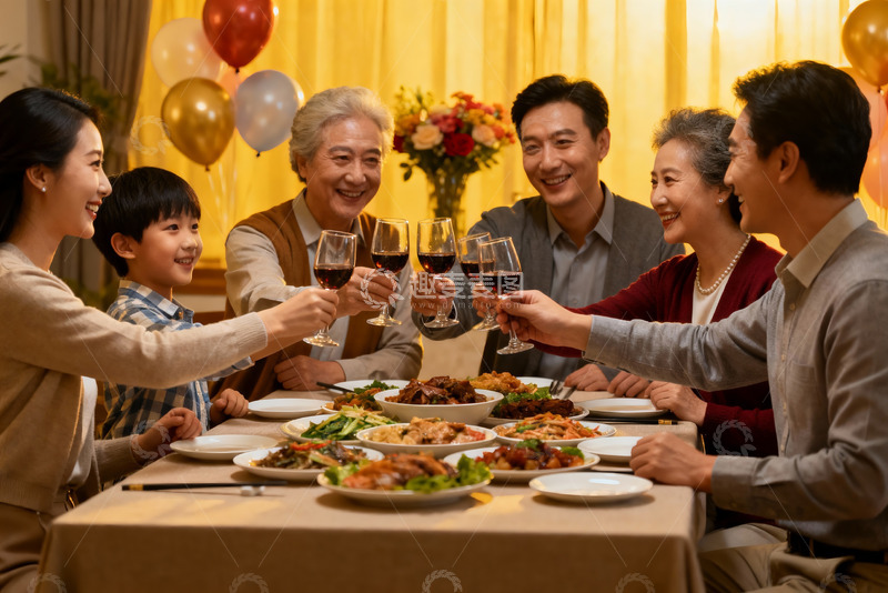 高清大图下载【趣麦麦图】家庭聚餐举杯欢庆