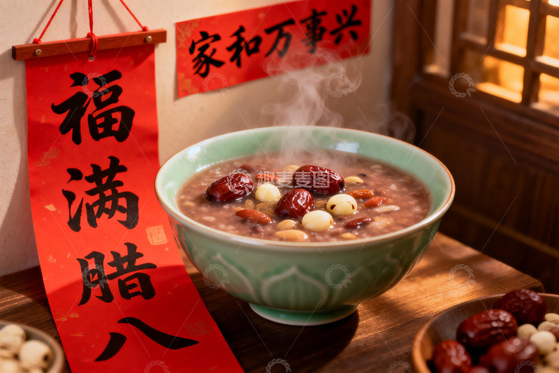 高清大图下载【趣麦麦图】热气腾腾的腊八粥与传统春联