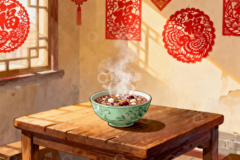 高清大图下载【趣麦麦图】热气腾腾的八宝粥与春节装饰