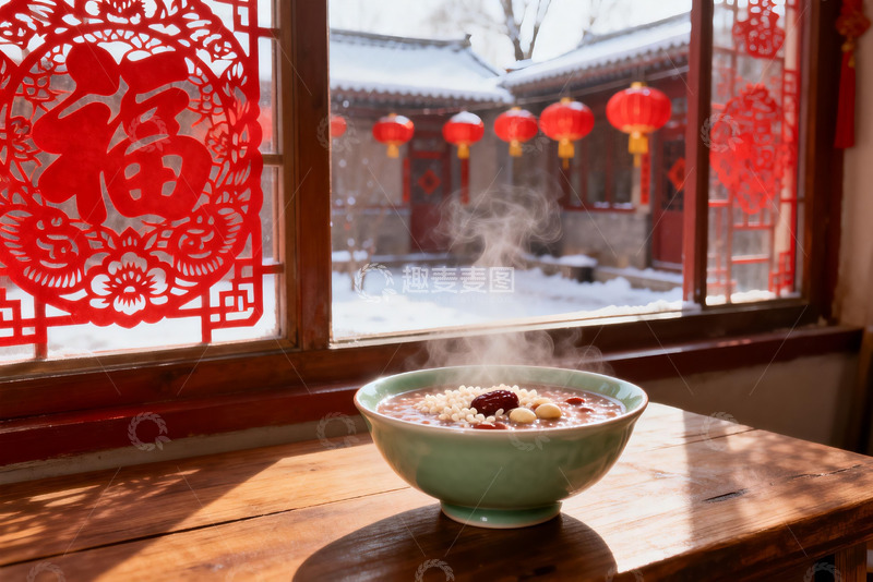 高清大图下载【趣麦麦图】窗前热粥映雪景